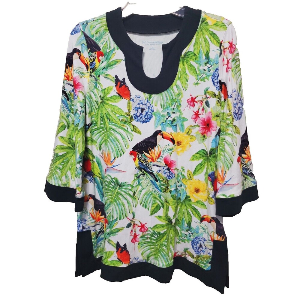Soft Surroundings Topical Butterfly Bird Print Knit 3/4 Sleeve Tunic Size Medium